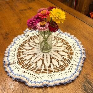 Round Crochet Table Cloth Doily 18" Side Table Dresser Vintage White Blue Pink